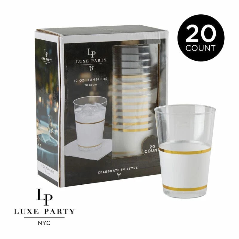 12 oz White and Gold Plastic Cups | 20 Cups