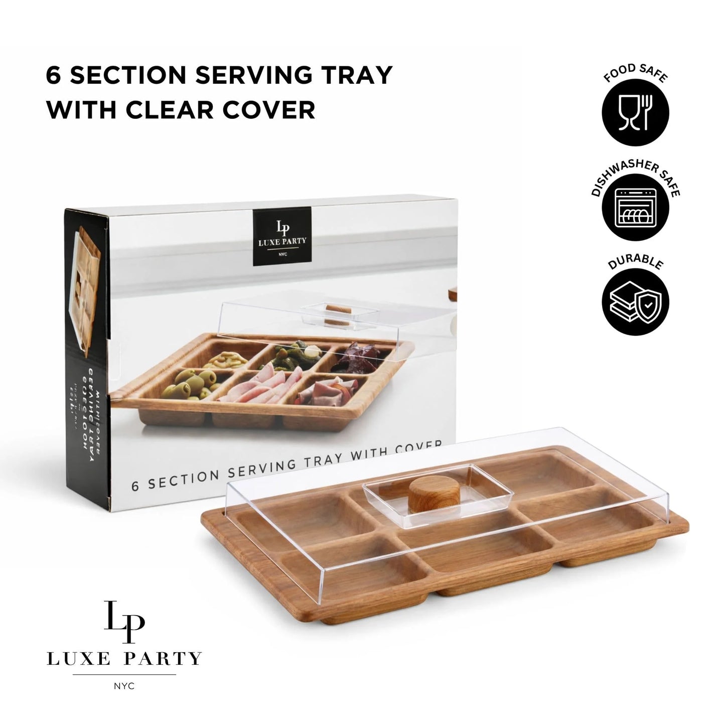 6 Section Rectangular Divided Serving Tray with Clear Cover