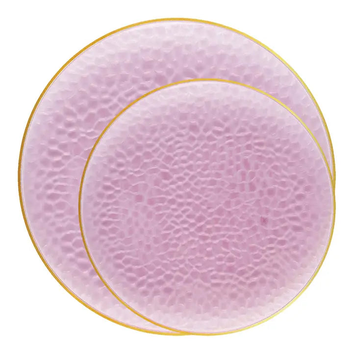 Clear Pink Gold Rim Hammered Glass Dinnerware Set - 10 Sets