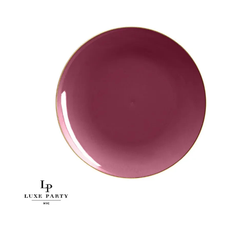 Luxe Party NYC Round Cranberry Red and Gold Plastic Plates | 10.25 ''