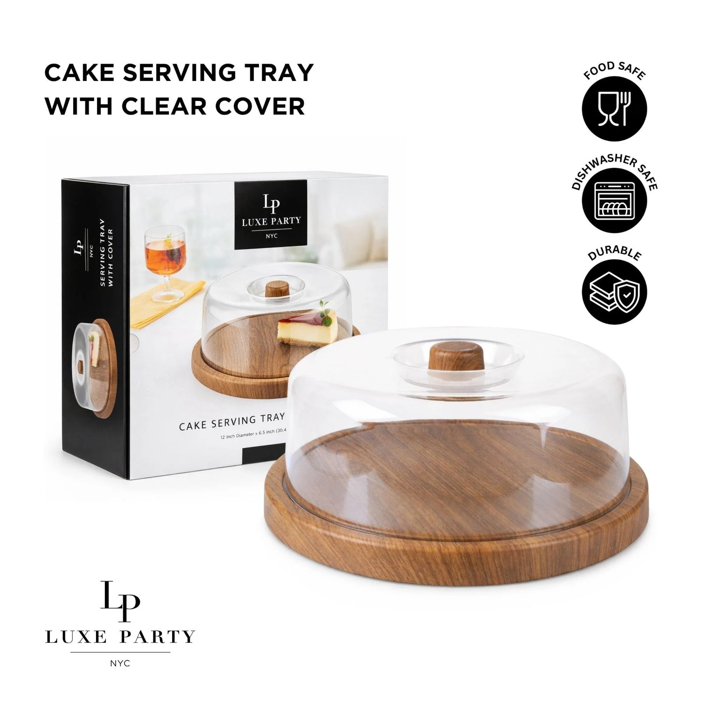Round 12" Oak Heavy Plastic Serving Tray with Plastic Cover