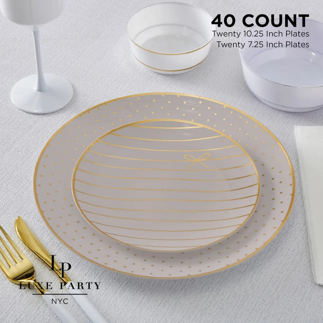 Linen and Gold Plastic Bow and Dot Dinner and Salad Plates | 40 Pack