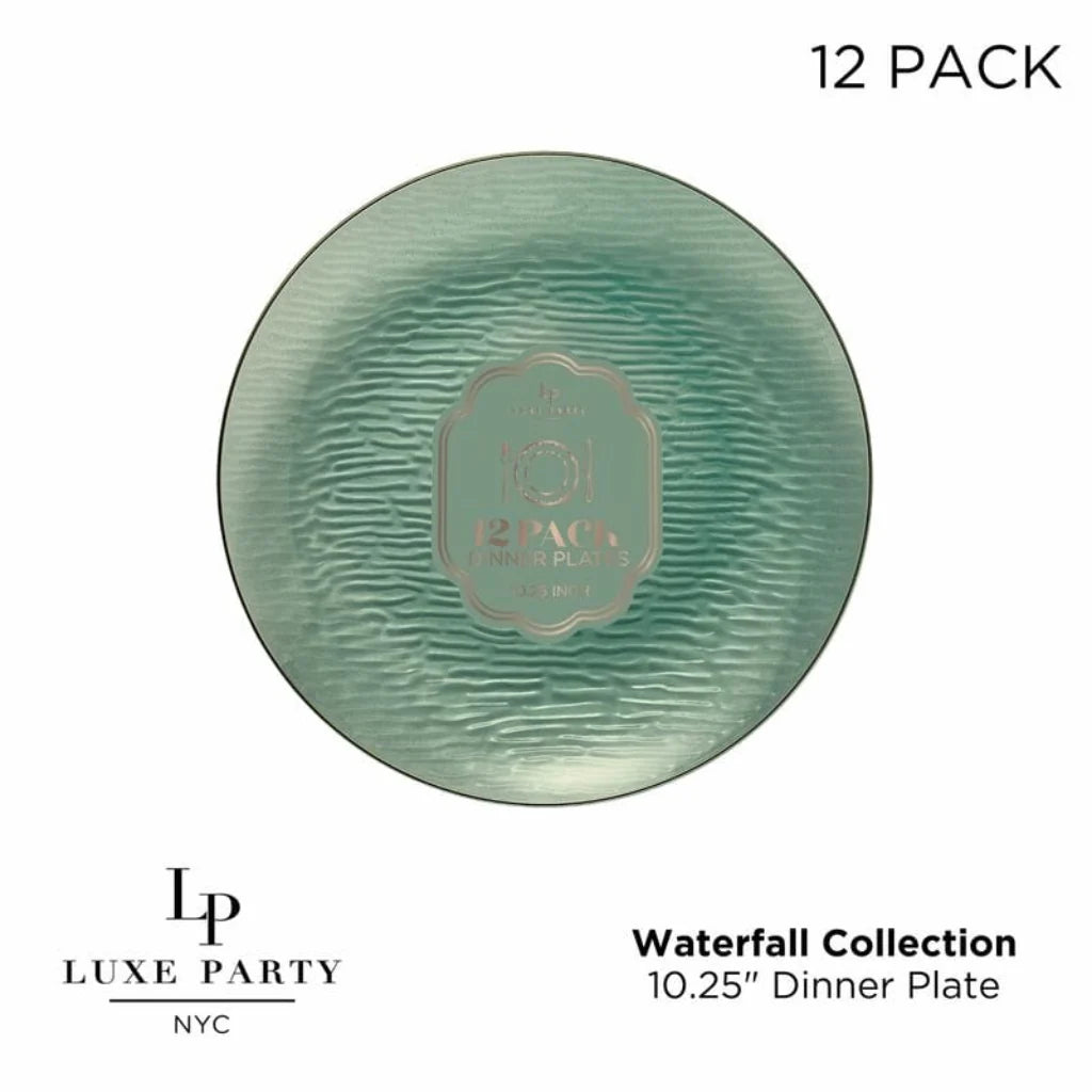 Transparent Waterfall Sage and Gold 10" Plastic Plates | 12 Plates