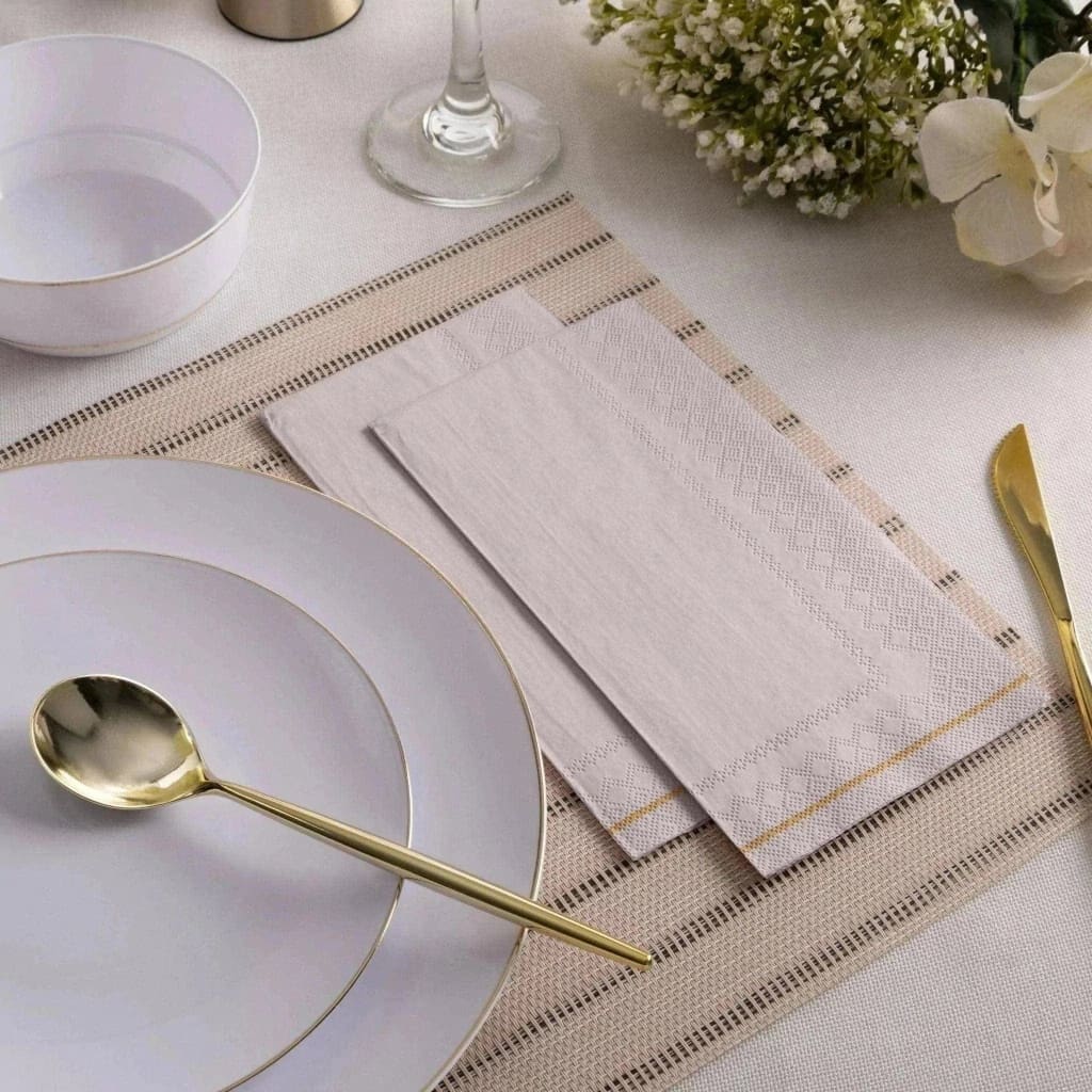 Linen with Gold Stripe Guest Paper Dinner Napkins | 16 Napkins