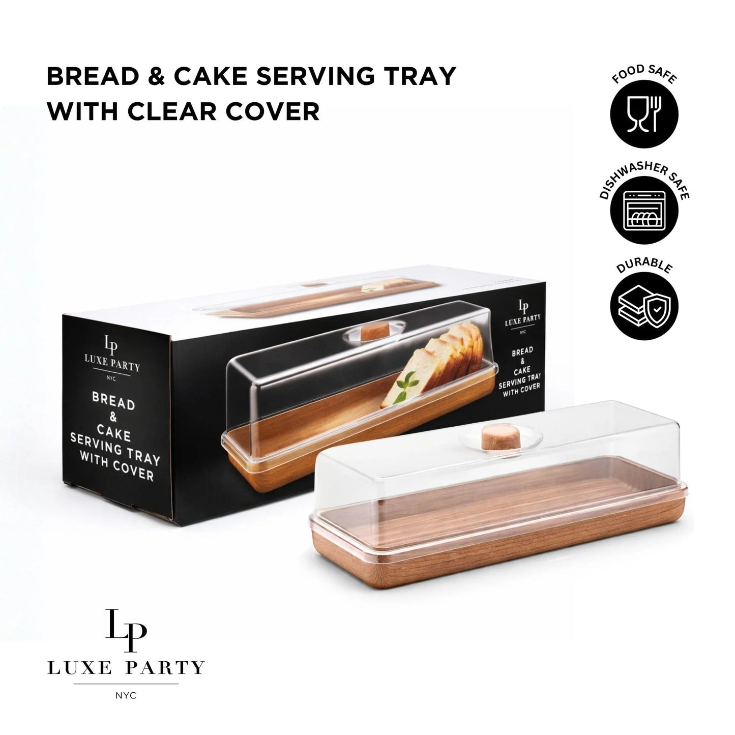 Rectangle Oak Heavy Plastic Serving Tray with Plastic Cover | 6.3" x 15.35"