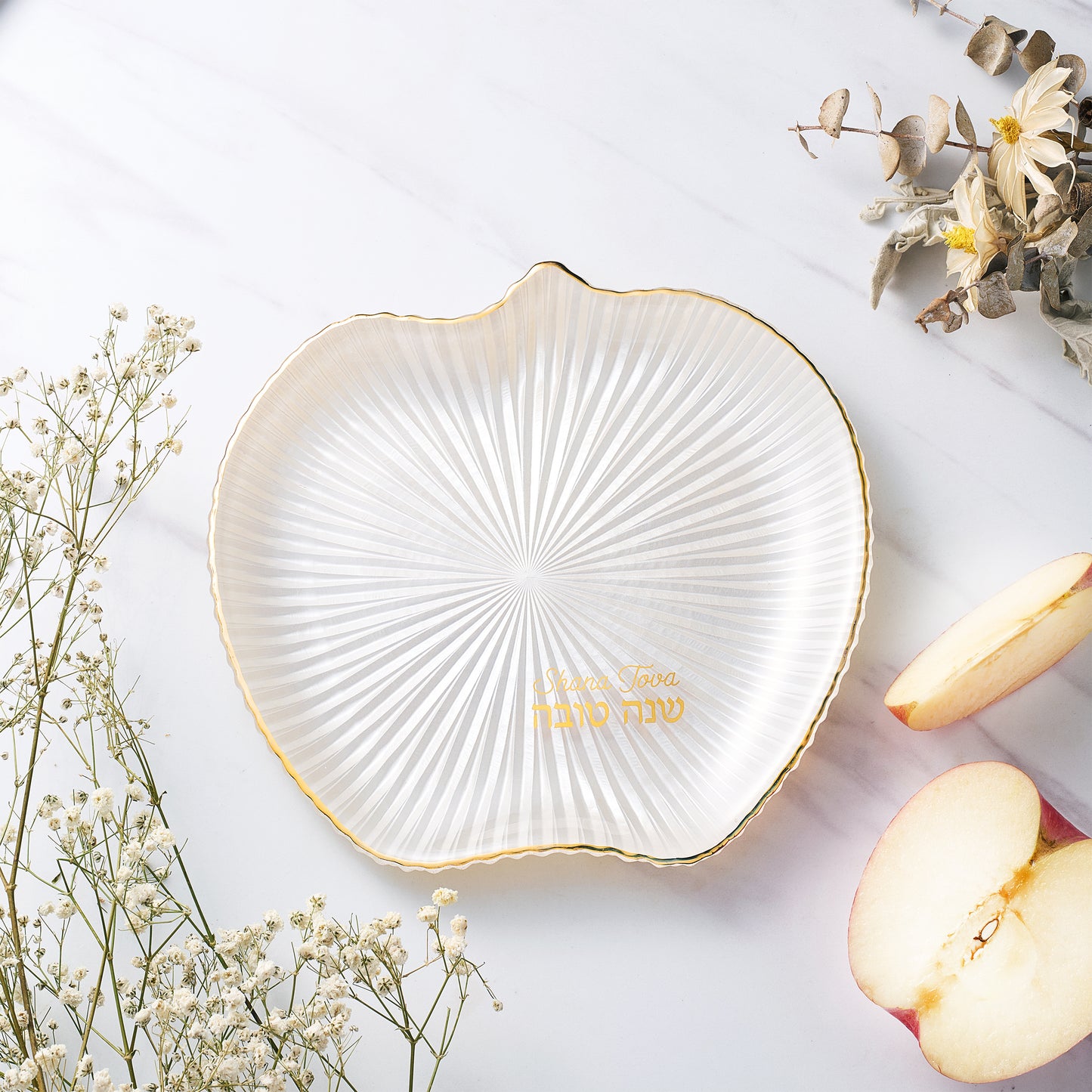 Rippled Glass Apple Dish w/Gold Accents