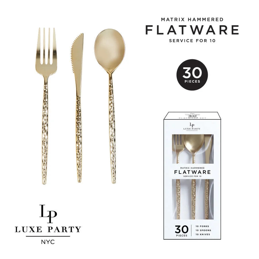 Luxe Party NYC Matrix Hammered Gold Plastic Cutlery Set | 30 Pieces