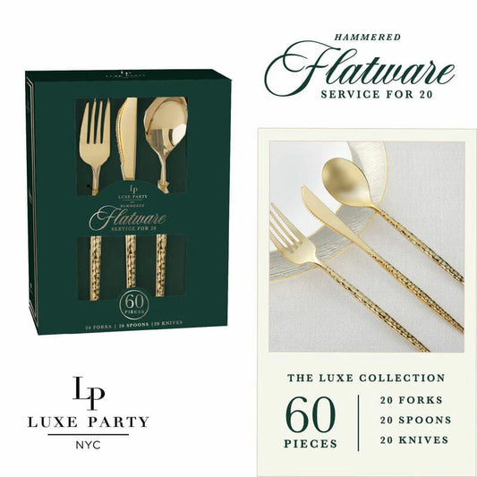 Luxe Party NYC Matrix Hammered Gold Plastic Cutlery Set | 60 Pieces