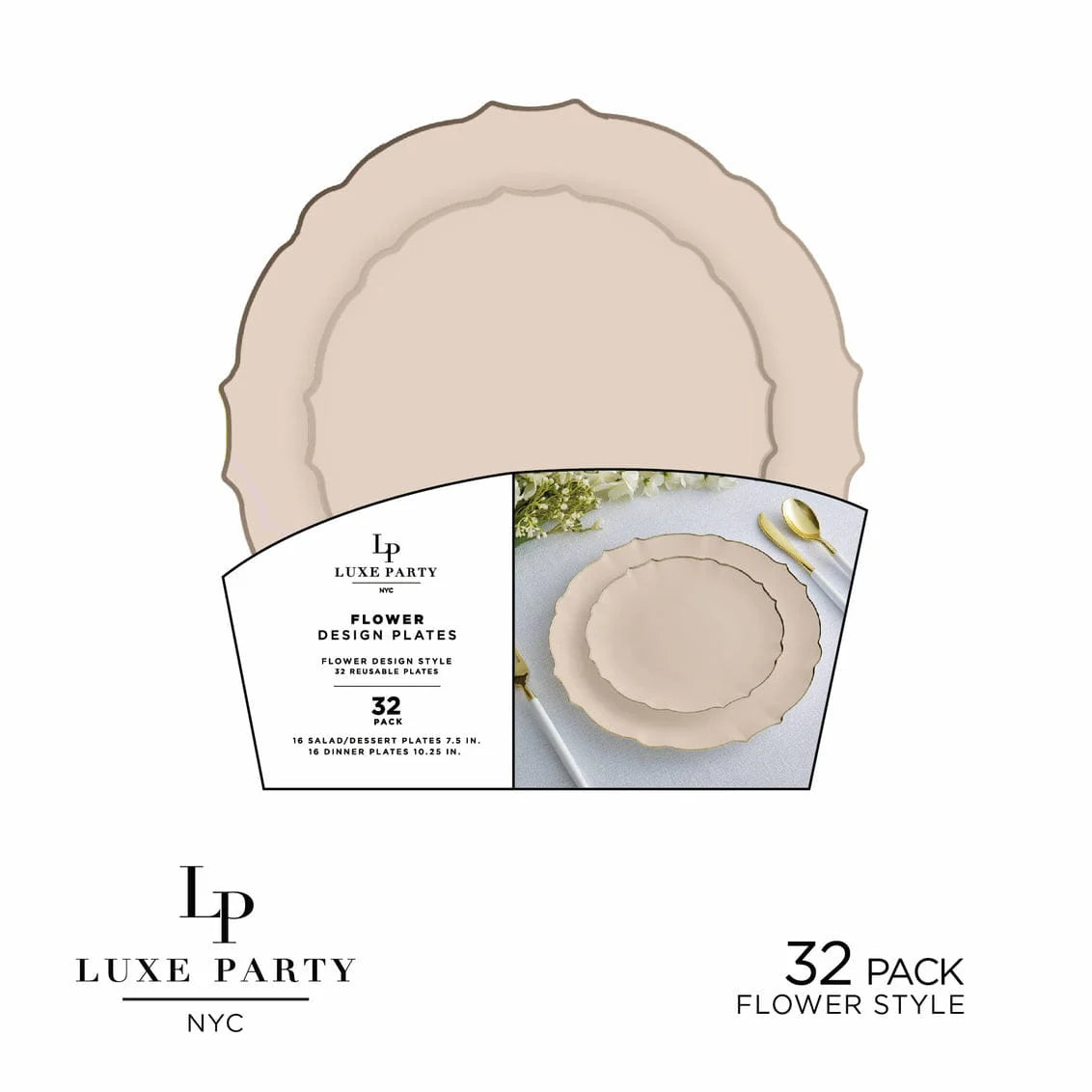Linen Flower Design Plate and Gold Plastic Plates Set | 32