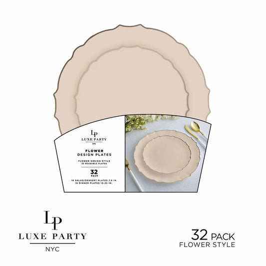 Linen Flower Design Plate and Gold Plastic Plates Set | 32