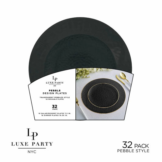 Solid Black Pebble Plate and Gold Plastic Plates Set | 32 Pack