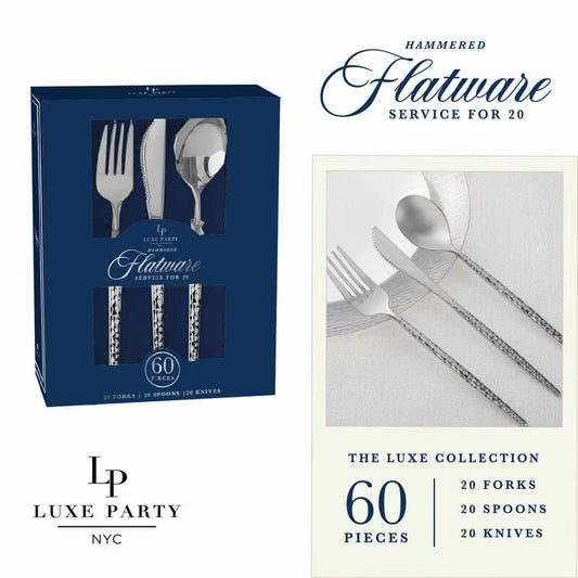Luxe Party NYC Matrix Hammered Silver Plastic Cutlery Set | 60 Pieces