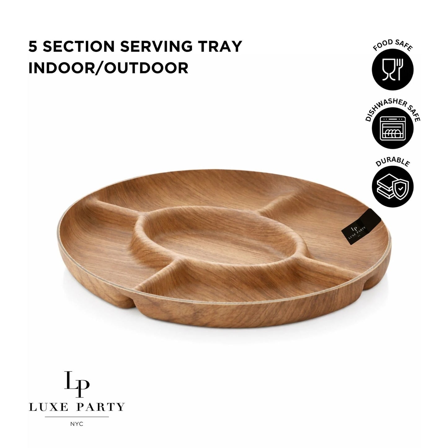 Luxe Party Oval 5-Section Divided Serving Tray Appetizer Platter, Oak Color