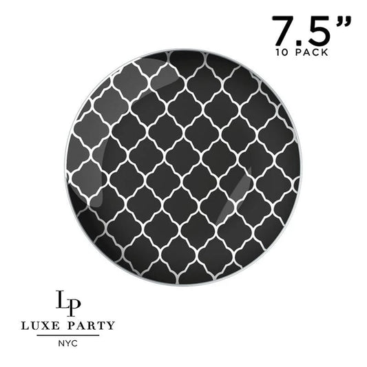 Luxe Party NYC Round Black and Silver Patterned Plastic Plates| 7.25 ''