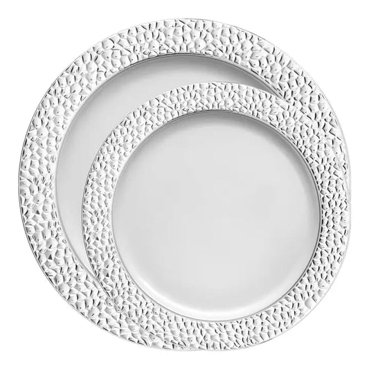 White w/ Silver Rim Plastic Dinnerware Set