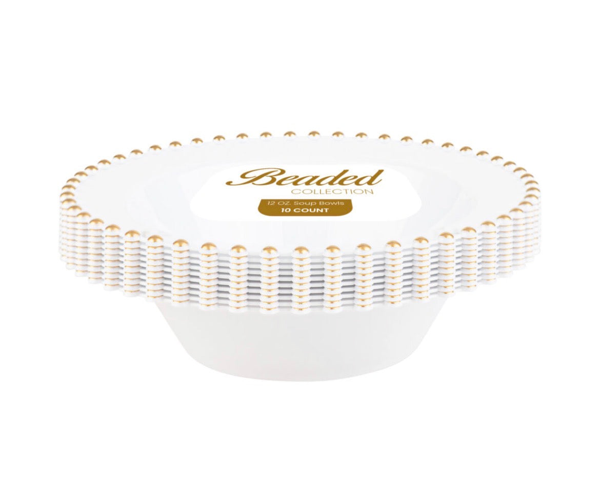12 oz.  White and Gold Beaded Plastic Soup Bowls