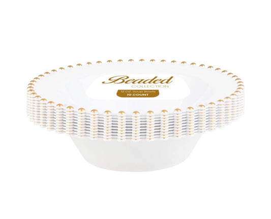 12 oz.  White and Gold Beaded Plastic Soup Bowls