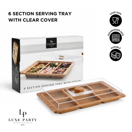 6 Section Rectangular Divided Serving Tray with Clear Cover