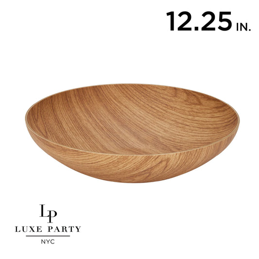 Serving Bowl 12.25 Inch Round Plastic Reusable Oak Color Wood