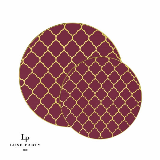 Luxe Party NYC Round Cranberry and Gold Patterned Plastic Plates | 10.25 ''