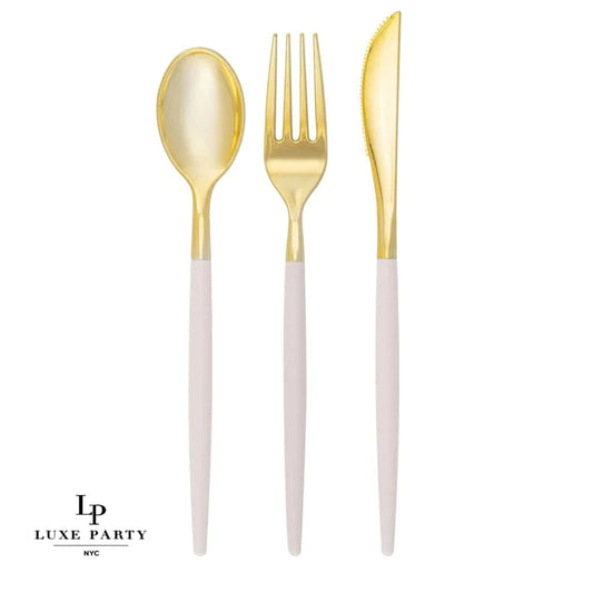 Luxe Party NYC Linen and Gold Plastic Cutlery Set | 32 Pieces