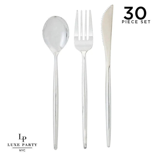 Luxe Party NYC Matrix Silver Plastic Cutlery Set | 30 Pieces