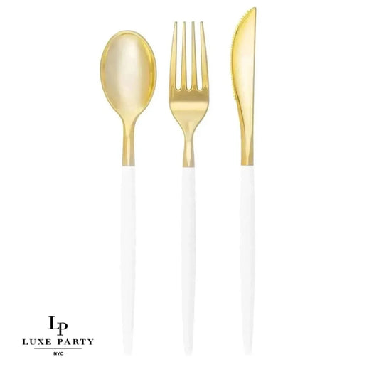 Luxe Party NYC White and Gold Plastic Cutlery Set | 32 Pieces