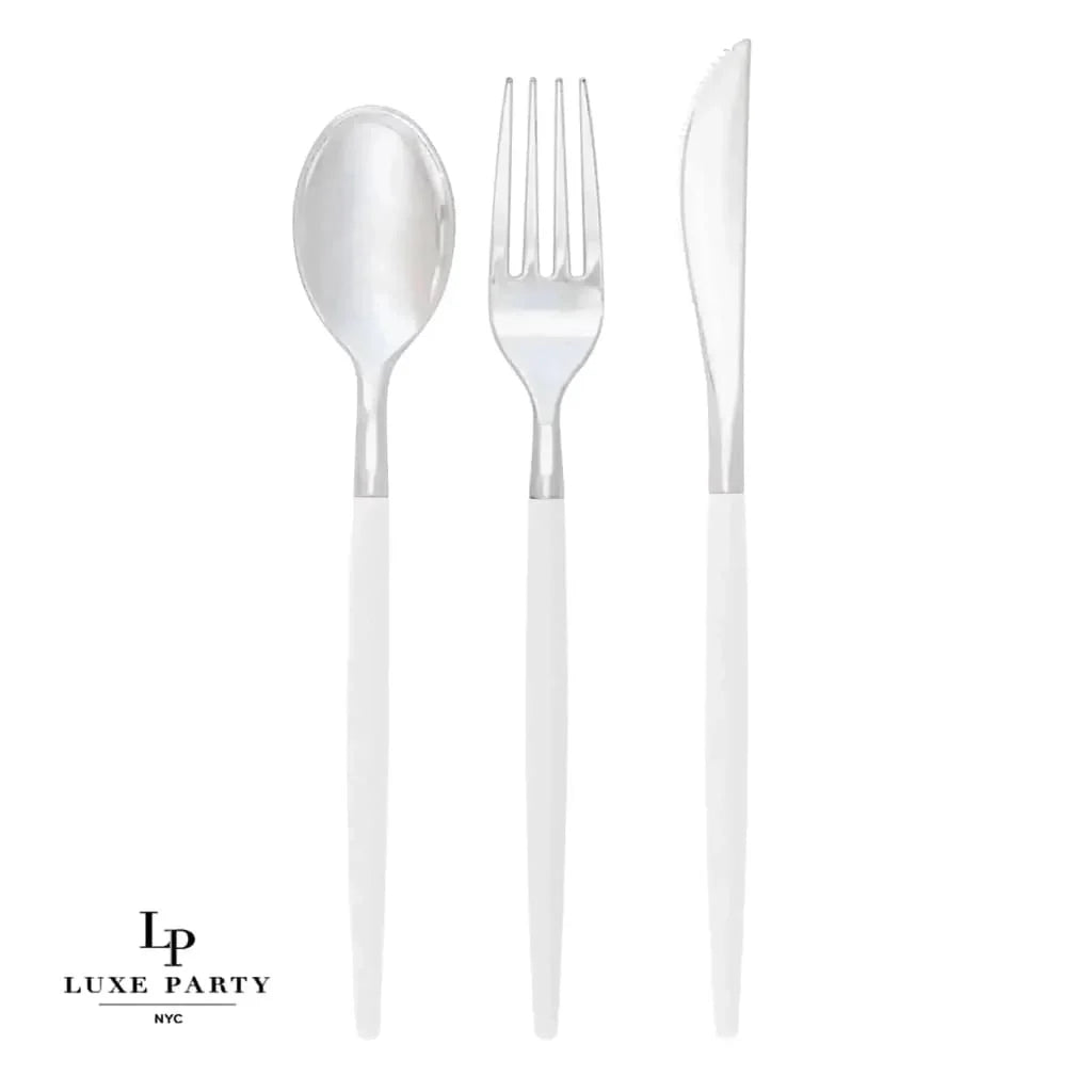 Luxe Party NYC White and Silver Plastic Cutlery Set | 32 Pieces