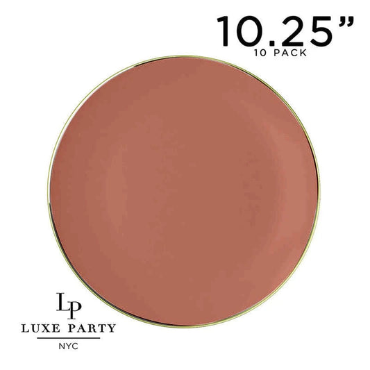 Luxe Party NYC Round Rosewood Orange and Gold Plastic Plates | 10.25 ''