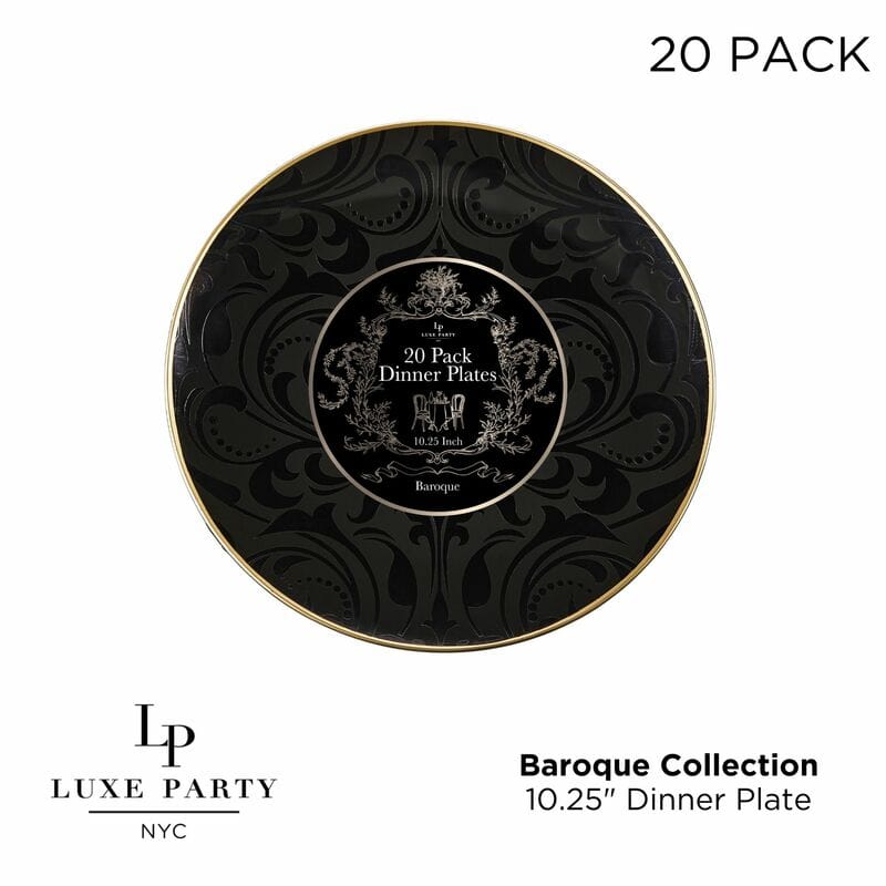 Round Black and Gold Baroque Pattern Plastic Plates 10.25 Dinner Plate | 20 Pack