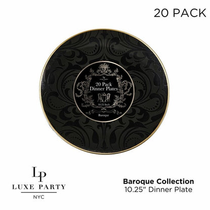 Round Black and Gold Baroque Pattern Plastic Plates 10.25 Dinner Plate | 20 Pack