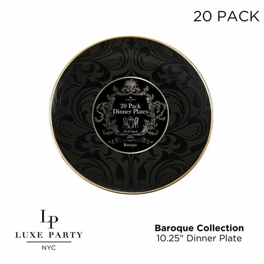 Round Black and Gold Baroque Pattern Plastic Plates 10.25 Dinner Plate | 20 Pack