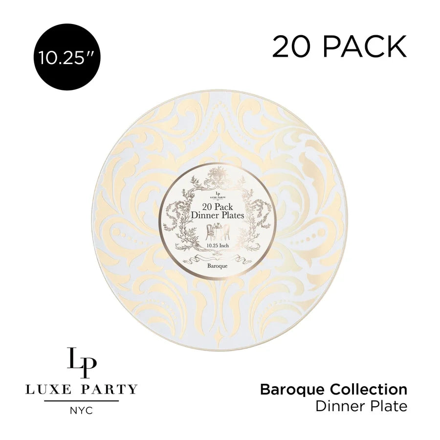 Round Clear and Gold Baroque Pattern Plastic Plates 10.25 Dinner Plate | 20 Pack