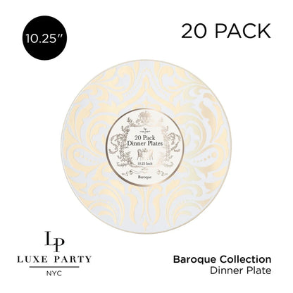 Round Clear and Gold Baroque Pattern Plastic Plates 10.25 Dinner Plate | 20 Pack