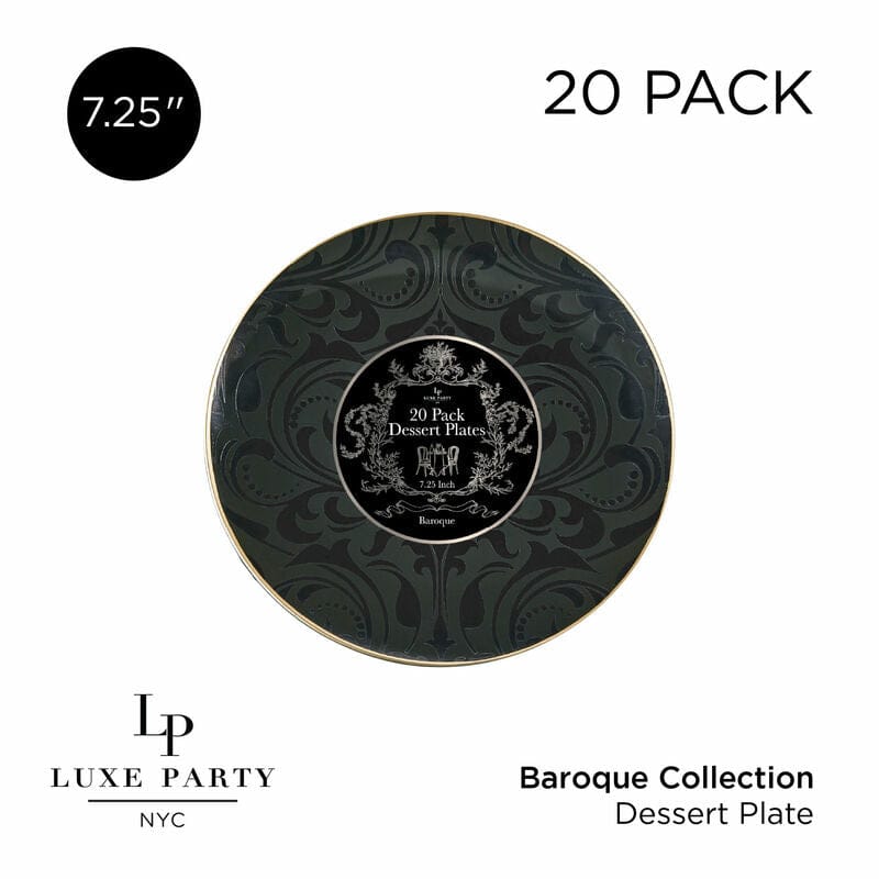 Round Black and Gold Baroque Pattern Plastic Plates 7.25 Dinner Plate | 20 Pack