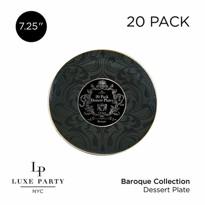 Round Black and Gold Baroque Pattern Plastic Plates 7.25 Dinner Plate | 20 Pack
