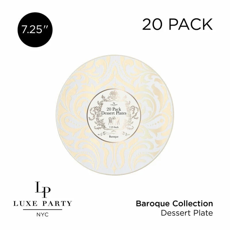 Round Clear and Gold Baroque Pattern Plastic Plates 7.25 Dinner Plate | 20 Pack