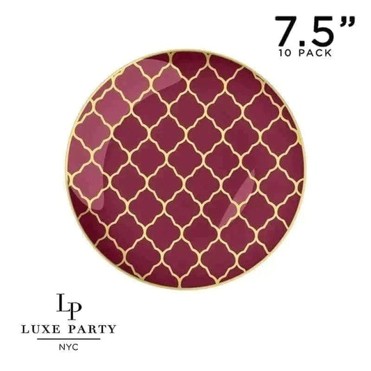 Luxe Party NYC Round Cranberry • Gold Lattice Pattern Plastic Plates  | 7.25 ''