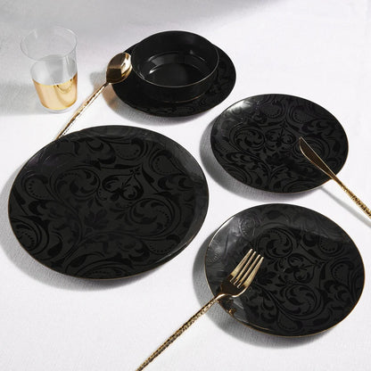 Round Black and Gold Baroque Pattern Plastic Plates 10.25 Dinner Plate | 20 Pack