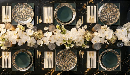 Round Clear and Gold Baroque Pattern Plastic Plates 10.25 Dinner Plate | 20 Pack