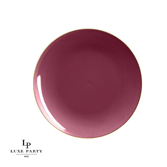 Luxe Party NYC Round Cranberry Red and Gold Plastic Plates | 10.25 ''